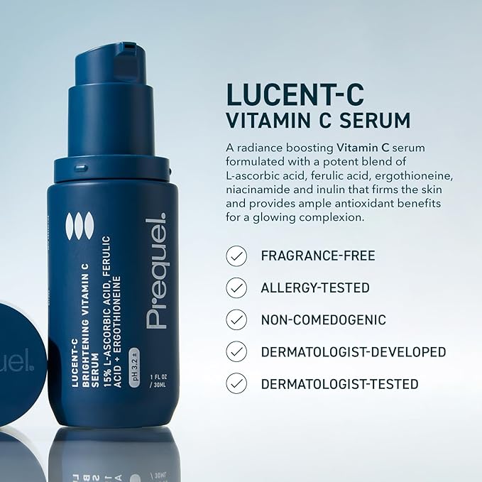 Prequel Skin Lucent-C, Vitamin C Serum for Face. Professional Facial L-Ascorbic Acid, Ferulic Acid Formula with Niacinamide. Clinical Skincare for Luminous Firm Skin. 1oz Pump