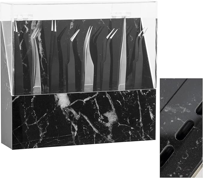 8 Holes Dust-proof Eyelash Tweezers Holder Case Acrylic Marble Tweezer Stand Display Organizer with Cover for Lash Extensions (black)
