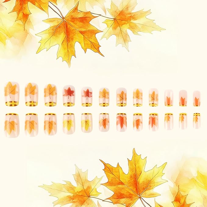 Maple Leaf Press on Nails 24Pcs Glossy Yellow Grid French Tip Acrylic Fake Nail Thanksgiving Medium Square False Nails Fall Leaves Stick on Fingernails Autumn Gel Glue on Nail for Coquette Women Girls