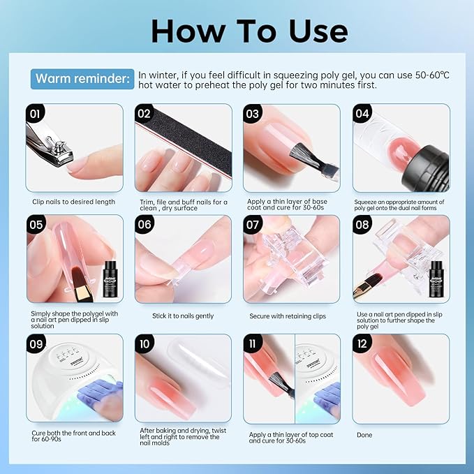 JEWHITENY Poly Nail Gel Kit 14 Colors Purple Nude Grey Black Blue Glitter Tones Starter Kit with UV Lamp Matte & Glossy Top & Base Coat All-in-One Designs DIY At Home