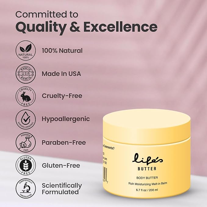 Life's Butter Body Butter – Rich, Non-Greasy Moisturizer with Jojoba, Almond & Argan Oils for Deep Hydration, Nourishing Dry Skin, Firming & Smoothing Arms, Legs & Body – 100% Natural Ingredients