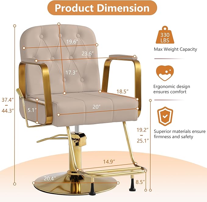 Barber Salon Chair for Hair Sylist, Hydraulic Salon Chairs, Height Adjustable Barber Chairs, Reclining Barber Styling Chairs, 360 Degrees Rotation Shampoo Chair for Barbershop (Grey-Golden)