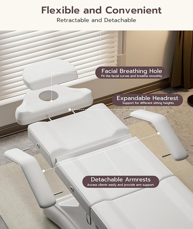 Icoget Fully Electric Tattoo Chair Esthetician Bed for Clients, 3-Motor Adjustable Spa Table Facial Bed for Lashing, Waxing, Professional Aesthetics Chair for Salon, White, Stool Included