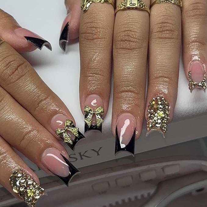 Medium Press on Nails Square Fake Nails with Bow Rhinestones Designs Black French Tip Nails Press ons Gold Glitter Acrylic Nails for Women 24Pcs
