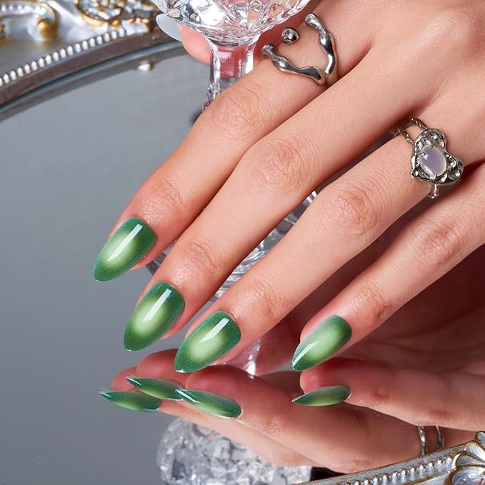 Wooyas Press on Nails Almond, Ombre Green Short Stiletto Glossy False Nails,Reusable Salon Perfect Fake Nail Kit in 12 Sizes - 24 Pcs Soft Gel Glue On Nails Kit for Women Gift