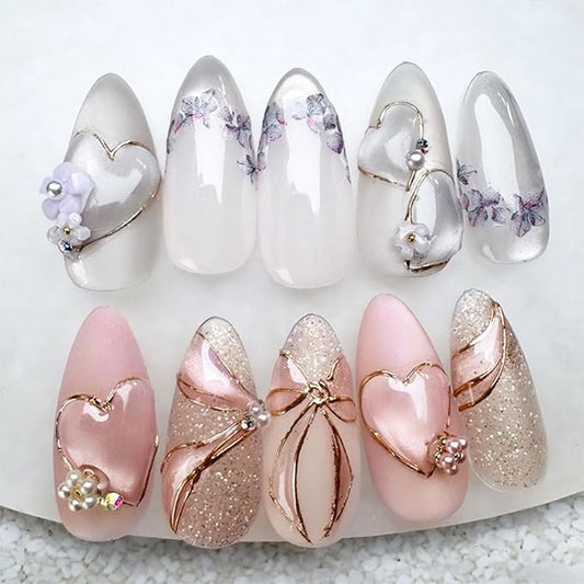 24pcs Pink Press on Nails Medium Almond Fake Nails with Small Flower Rhinestones Pearl Designs French False Nails Bow Stick on Nails Summer Floral Acrylic Nail Tips Full Cover Glue on Nails for Women