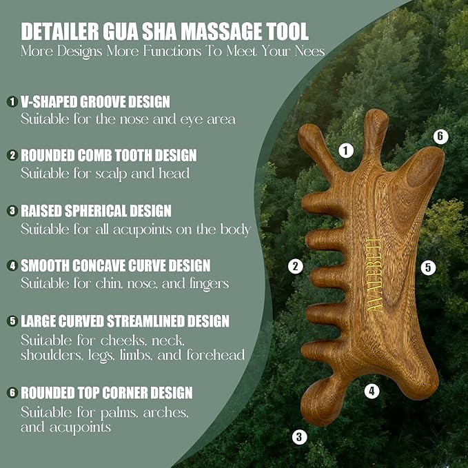 6-in-1 Gua Sha Tool for Face & Body, Natural Sandalwood – Lymphatic Drainage, Jaw Lifting & Nose Sculpting, Head Scalp Massage Comb for Stress Relief, Home Office Self Care Gifts for Women