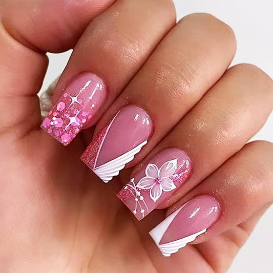 24Pcs Peach Blossom Stick on Nails Spring Flower Press on Nails Medium Square Acrylic Full Cover False Nails Glossy Pink Glitter Fake Nails Stars Gel Glue on Nails for Coquette Women Girls