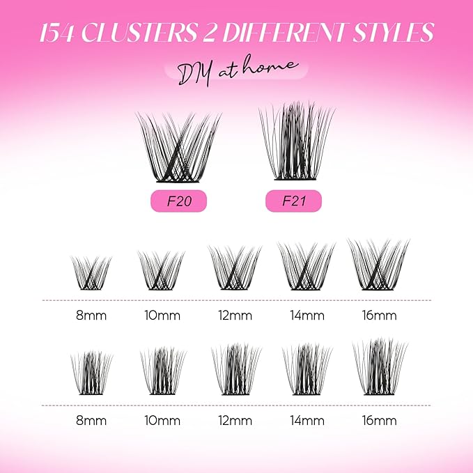 Lash Clusters DIY Eyelash Extensions 154 Clusters Lashes D Curl 0.07 Natural Individual Lash Extensions Mixed Tray False Eyelashes Soft & Strong Thin Band DIY at Home (F20+F21-0.07D, 8-16mm)