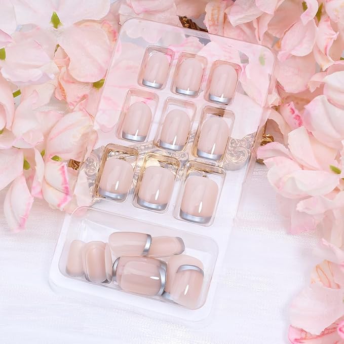 Silver French Tip Press on Nails Short Fake Nails Square Glue on Nails Glossy Acrylic Nail Nude Full Cover False Nail Reusable Artificial French Stick on Nail Supplies for Women Manicure 24Pcs