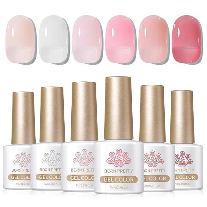Born Pretty Milky White Jelly Nude Pink Gel Nail Polish Set,Nude Pink Sheer Translucent Gel Polish Milky Natural Gel Polish Set Nail Art Manicure DIY Kit Home Salon 6PCS 7ML