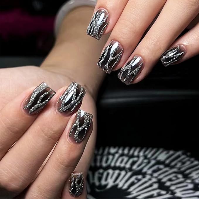 Short Square Acrylic False Nails Sparkly Fire Pattern Press on Nails 24Pcs Shine Curve Line Stick on Nails Glossy Silver Glitter Fake Nails Black Gel Glue on Nails for Coquette Women Girls