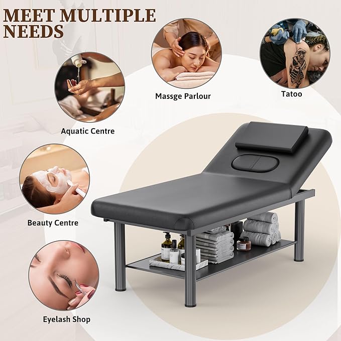 Olela Heavy Duty Stationary Massage Table with Adjustable Backrest, 31.5" Wide Professional Spa Facial & Therapy Bed, Metal Frame PU Leather Treatment Table for Salon & Clinic