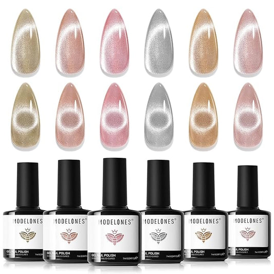 Modelones Cat Eye Gel Nail Polish Set, Holographic Glitter 6 Colors with Magnet, Sparkle Galaxy Series Nude Pink Gel Polish, Soak Off Led Gel Polish Kit, Nail Art, Salon DIY Gifts