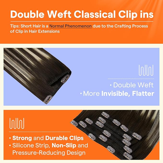 Full Shine 22 Inch Clip in Hair Extensions Human Hair Balayage Brown Human Hair Extensions Clip ins Dark Brown to Blonde Hair Clip in Extensions Natural Straight Hair 7 Pcs 120 G