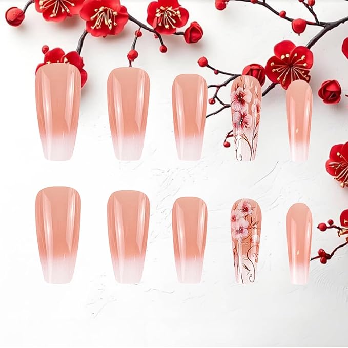 24Pcs Flower Press on Nails White Gradient Acrylic Full Cover Fake Nails Plum Blossom Gel Glue on Fingernails Glossy Pink Ombre Medium Coffin False Nail Curve Stick on Nail for Holiday Manicure Art