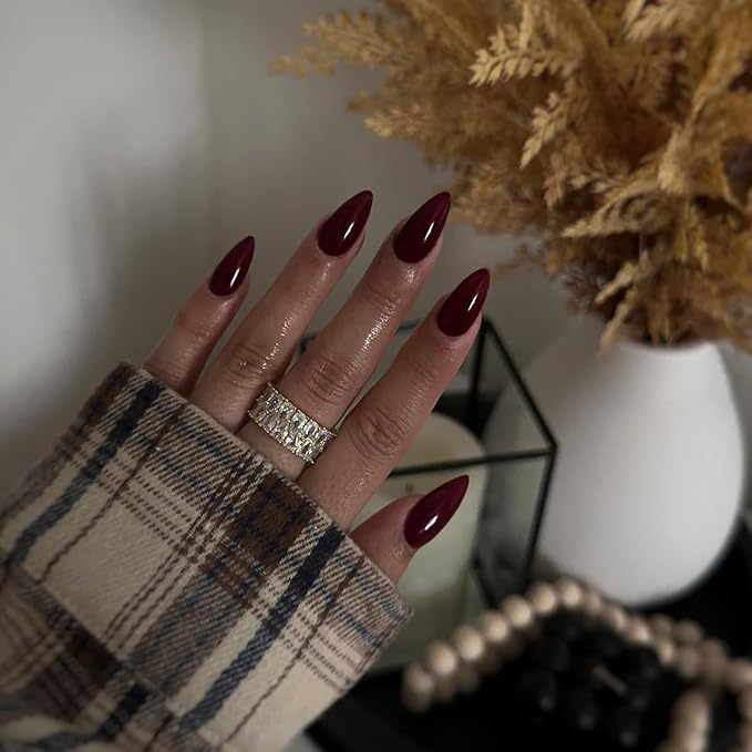 48Pcs Burgundy Press on Nails Almond Fake Nails Glue on Nails Medium Length Almond Shaped Nails Press ons, Stiletto False Nails for Women Dark Red Medium Almond Nails Thick Acrylic Gel Nails