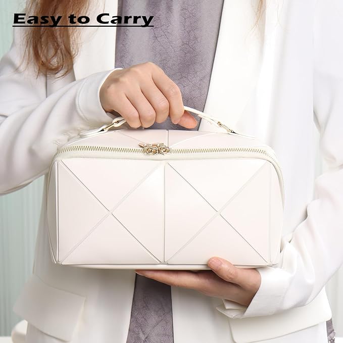 IMCUZUR Travel Makeup Bag Large Cosmetic Bag for Women, Open Flat Make up Bag Portable Skincare Bag with Handle (White)