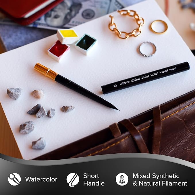 Silver Brush Limited BV-3061S Black Velvet 2pc Travel Round Set, Premium Short Handle Large Travel Round Brushes for Watercolor, Dyes & Silk Painting, Mixed Filament with Very Soft Tips, Sizes 4 & 8