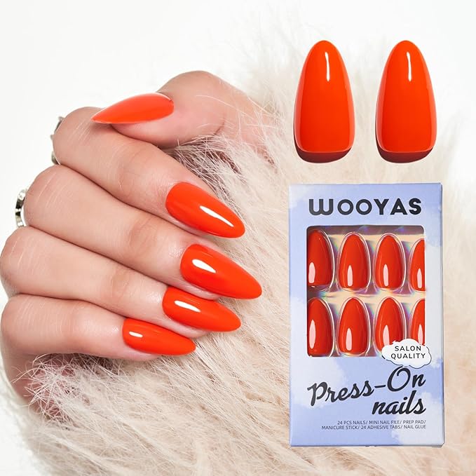 WOOYAS Press on Nails Almond,Bright Orange Medium Stiletto Glossy Handmade Gel False Nails,Reusable Salon Perfect Fake Nail Kit in 12 Sizes - 24 Pcs Soft Gel Glue On Nails Kit for Women