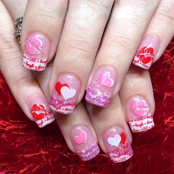 24Pcs Valentines Press on Nails Short Square Fake Nails French Tip Press ons with Sexy Lip Design Glossy Glue on Nails Love Heart False Nails Romantic Acrylic Artificial Nails for Women Manicure