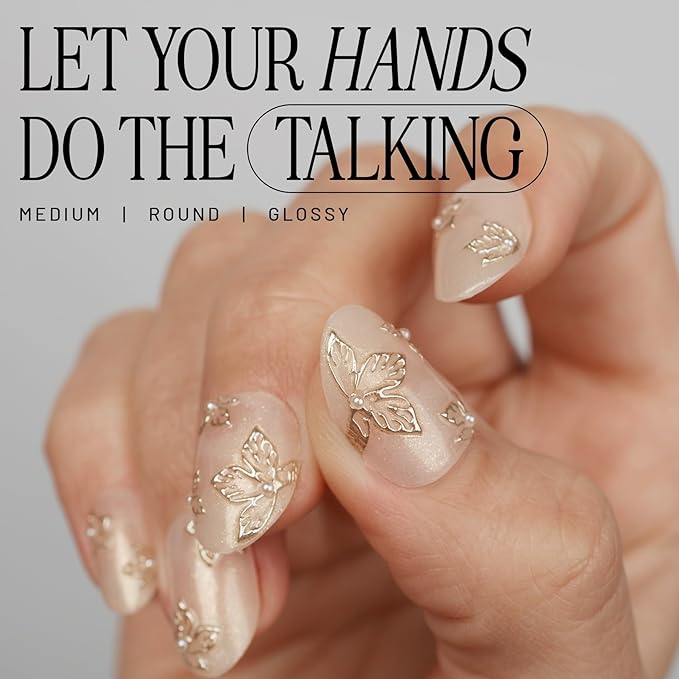 Lilac St - Press on Nails, Petals & Pearls (30 Nails, 15 Sizes) - Medium, Round, Pearl + Glossy, Opaque - Brush-On Nail Glue, Nail File, Cuticle Stick, Prep Pad - Cruelty Free, Vegan, Women Founded