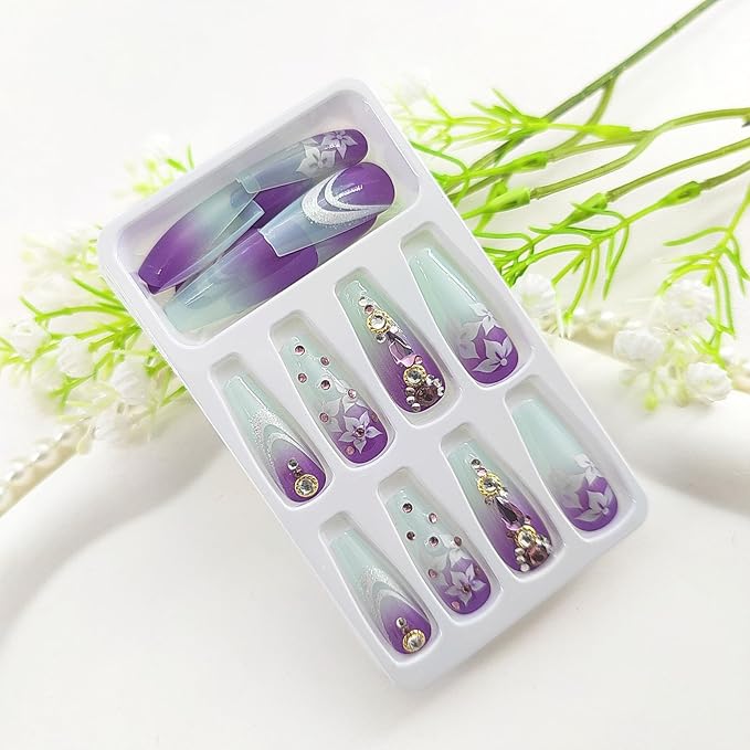 Long Press on Nails Coffin Light Blue Gradient Glue on Nails with Rhinestones Lines Glitter Design Flower Fake Nails Purple Acrylic Nails Press ons Glossy Extre Long Coffin False Nails for Girls 24Pcs