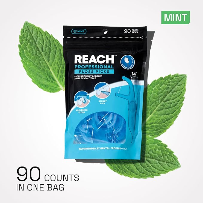 REACH Dental Floss Picks, Mint, Plaque Remover for Teeth, for Hard to Reach Areas, Easy Grip Handle, Comfortable Multi-Use Flosser for Adults, Oral Care, PFAS Free, 90 Count