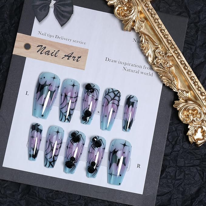 24Pcs Halloween Blue Gradient Press on Nails Medium Square Fake Nails with Black Spider Web Bat Design Star False Nails Full Cover Artificial Glue on Nail Gothic Halloween Stick on Nails for Women