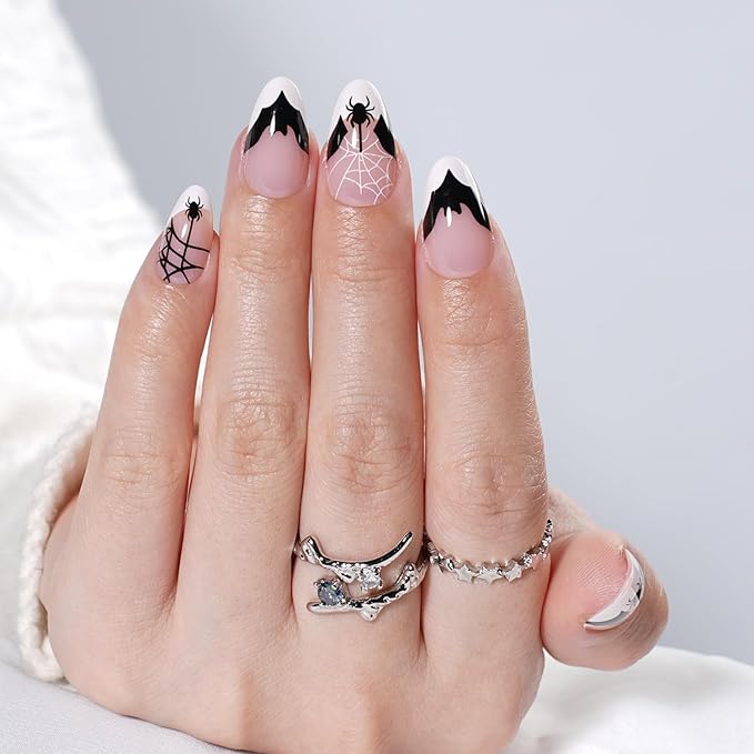 Halloween Press on Nails - French Tip Press on Nail with Blakc Web Bat, Short Almond Fake Nails Reusable Nails Press ons, 32 Pieces in 16 Sizes False Nails Kit with Glue, Grave Whisper