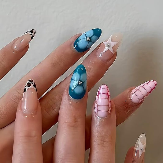 24Pcs French Press on Nails Almond Medium Fake Nails with Star Designs Brown Leopard Stick on Nails Flower Acrylic Nails Turtle Pattern Pattern Nails Glossy Glue on Nails Stick on Nail for Women