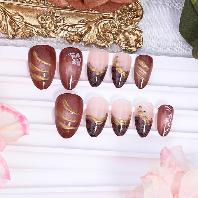 24Pcs French Tip Press on Nails Short Almond Fake Nails 3D Gold Beads Design Fall Flower Acrylic Nails Gold Chrome Line Full Cover False Nails Zebra Stripe Brown Glue on Nails Decoration for Women DIY