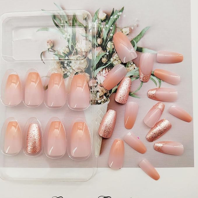 Gradient Orange Press on Nails Short Coffin - Golden Glitter Short Fake Nails Press ons, Full Cover Glue on Nails Glossy Artificial Acrylic Nails for Women 24 Pcs