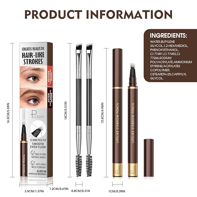 2 Pack 4-Tip Microblading Eyebrow Pen with 2 Brow Brushes, Waterproof Vegan Formula Eyebrow Pencils for Women to Effortlessly Create Natural Hair-Like Strokes, All-Day Wear (Espresso)