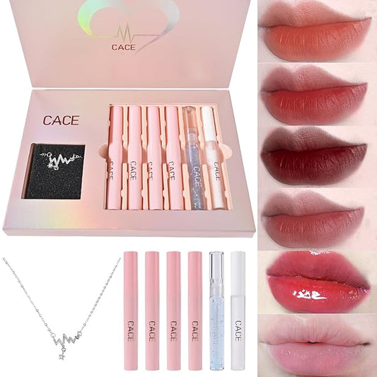 Makeup Set for Women, 7 Pcs Gift Box Set Include Matte Lipstick, Lip Balm, Lip Lotion and Necklace, Easy to Match with Different Makeup looks, Christmas Makeup Set Gift for Girls-02