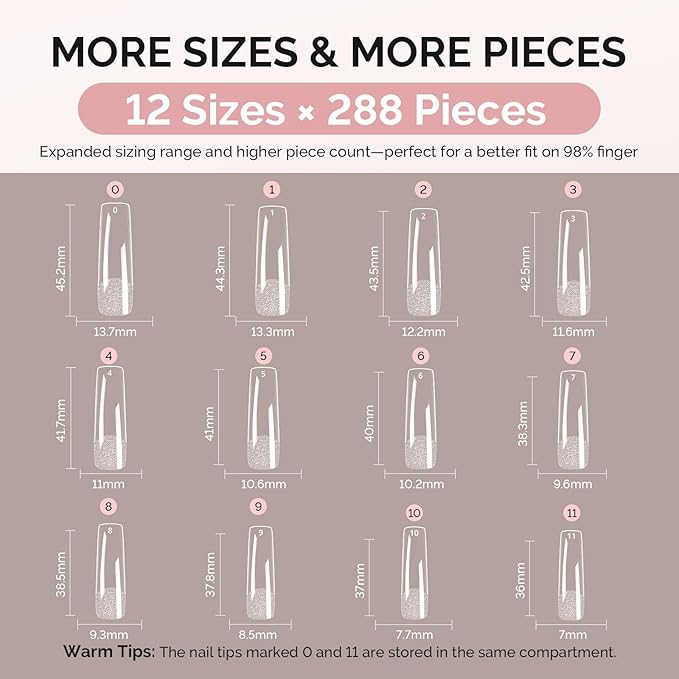 MelodySusie Long Square X Nail Tips - 288Pcs Clear Acrylic, Half Matte Full Cover Press on Nails for DIY Extension & Salon Use,12 Sizes Pre-Shaped for Long-Lasting Manicure