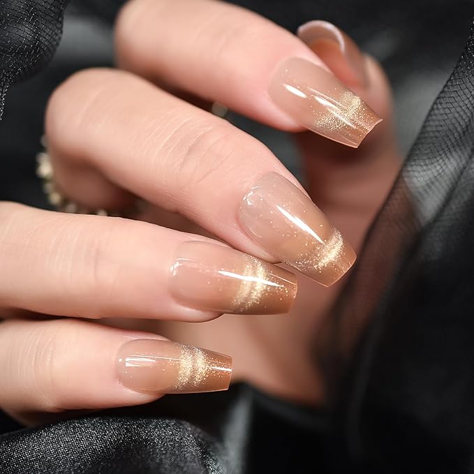 Shimmery Cat Eye Press On Nails Coffin Medium Length Nails Women Girls Gifts Shiny Salon Manicure Light Brown Nude Gel Nail Art Tips Fake Nails Reusable Acrylic False Nails Glue On Nails