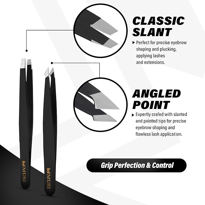 Eyebrow Tweezers Set with Eyebrow Scissors – 4+1 Stainless Steel Tweezers for Women Men Facial Hair - Sharp Tweezer for Shaping Eyebrows - Precision Grooming Tool for Plucking Coarse and Ingrown Hairs