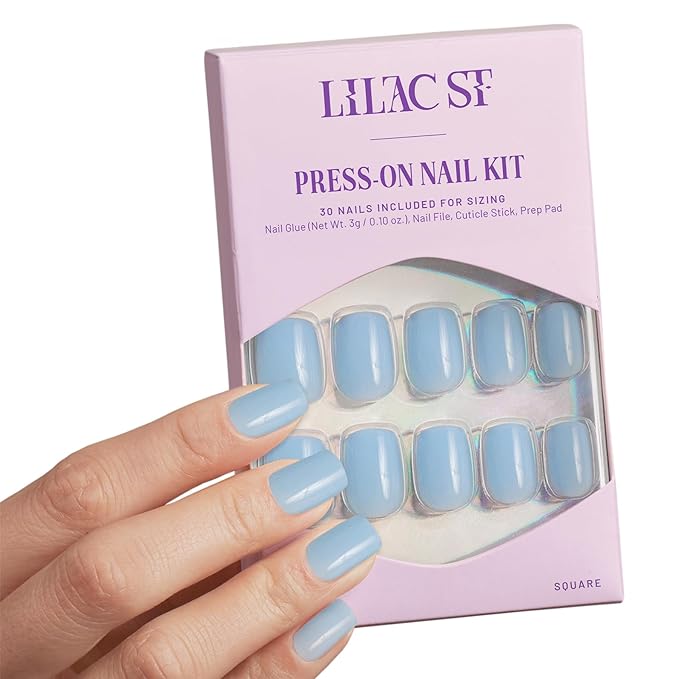 Lilac St - Press on Nails, Cloud 9 (30 Nails, 15 Sizes) - Short, Square, Glossy, Opaque - Brush-On Nail Glue, Nail File, Cuticle Stick, Prep Pad - Cruelty Free, Vegan, Women Founded