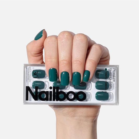 Nailboo Press On Nails, Salon-Quality Reusable Fake Nails for Fast DIY Manicure with Strong Hold Nail Glue for Press Ons, Nail File, & Alcohol Prep Pads, Exotic Emerald