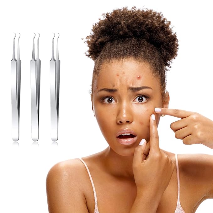 Honoson 3 Pcs Blackhead Tweezer Stainless Steel Pimple Tweezers Extractor Tool for Remove Zit Whitehead Pimple Bend Curved Tweezer Skin Blackhead Remover Tools(Silver)