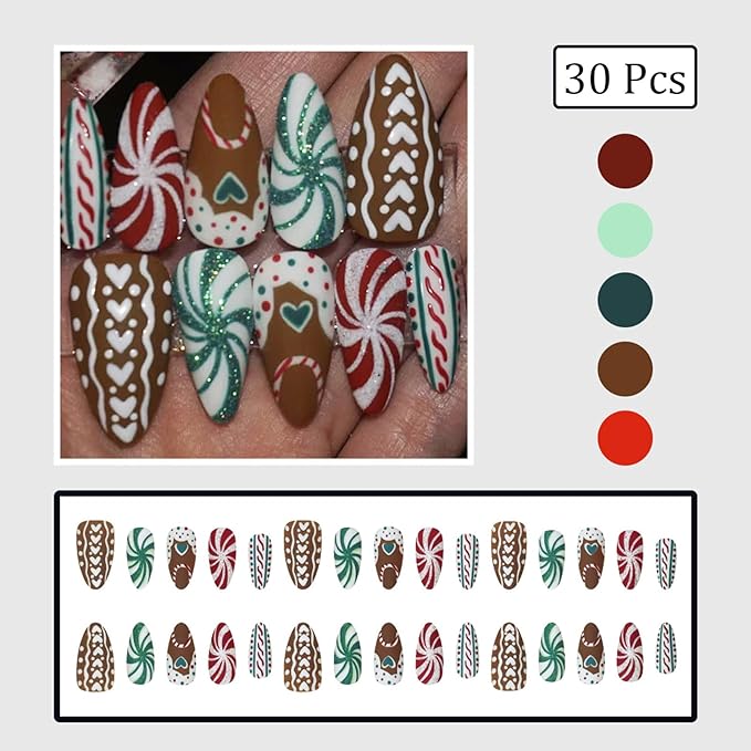 30Pcs Christmas Press on Nails Short Almond Fake Nails with Heart Candy Designs Red Green Spiral Patterns False Nail Full Cover Artificial Glue on Nails Colorful Stick on Nail for Women