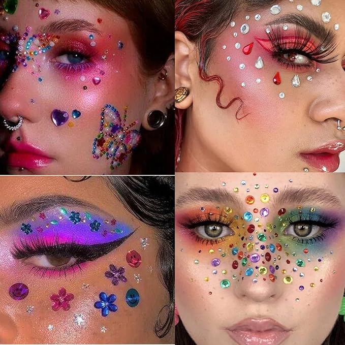 10 Sheets Face Gems Jewels for Makeup Heart Rhinestones Stickers Self Adhesive Assorted Shapes Rhinestones for Christmas Crafts, Eye Body Gems Nail Art Festival Party Rave Accessories for Women