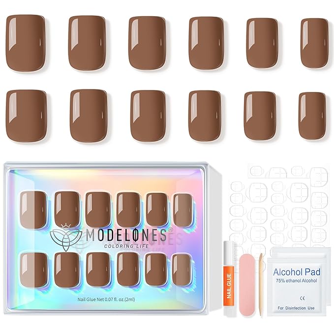 Modelones 32Pcs Brown Press on Nails, Christmas Short Square Fake Nails, Reusable Nail Kit with Nail Glue Adhesive Tabs Mini Nail File, Nails Press Ons 16 Sizes