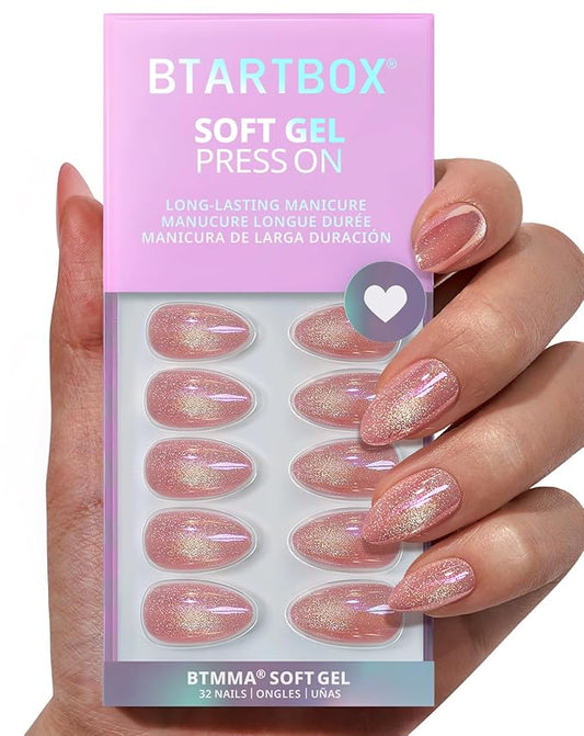 BTArtbox Press On Nails Short - Pink Cat Eye Almond Press On Nails with Glue for Women, Opaque Soft Gel Glue On Nails in 16 Sizes - 32 Stick On Nails Kit, Tassel Shine