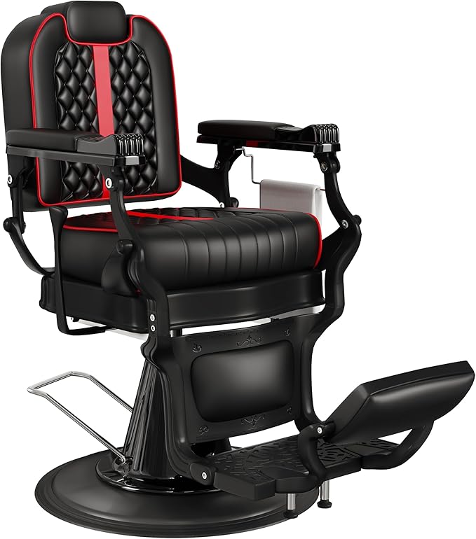 Baasha Black & Red Barber Chair, Plush Reclining Salon Chair with Adjustable Headrest, Wide Stable Base, 360° Swivel, Heavy-Duty for Barbers, 550 lbs