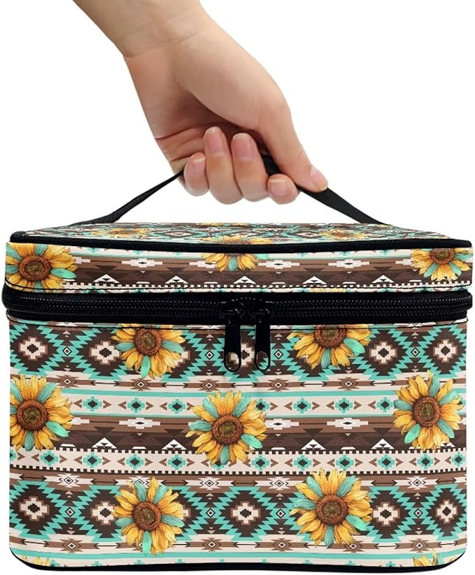 Navajo Aztec Tribal Sunflower Pattern Travel Makeup Bags for Women Portable Tote Cosmetic Case with Carry Handle Toiletry Accessories Storage Organizer Bags