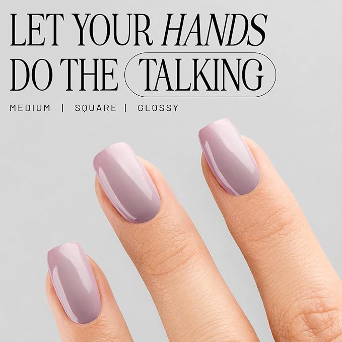 Lilac St - Press on Nails, Grey Wisteria (30 Nails, 15 Sizes) - Medium, Square, Glossy, Opaque - Brush-On Nail Glue, Nail File, Cuticle Stick, Prep Pad - Cruelty Free, Vegan, Women Founded
