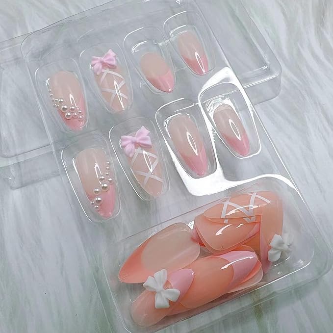 24pcs Press On Nails Medium Almond Pearl Bow Pink Press On Nails White Pearl Valentine French Tip Nails Cute Nails Fake Nail French Fingertips Almond Full Cover Cute Stick on Nail Accessories