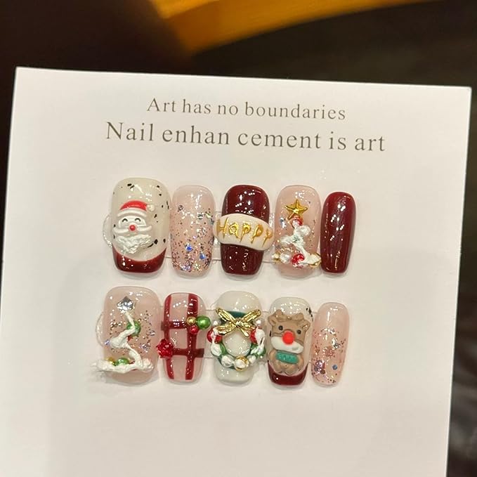 Handmade Press on Nails Long Stiletto Fake Nails Christmas with 3D Elk and Christmas tree Designs Red Glitter Cute Acrylic Nails for Women 10pcs (Size M）